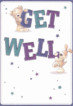 With a scene as endearing as a walk through Haydons Road, this get well card brims with boundless comfort and warmth, captured in the playful partnership of a sweet teddy bear and a lively puppy. The bear's soft, rounded form embraces the top of the bold 'GET', while the puppy, tail wagging in anticipation, nestles cheerfully against 'WELL', communicating not just a message but a feeling of companionship and hope. Rich shades of purple and teal emphasize the strength of the sentiment, echoing the vibrant palettes seen in local window displays across South Wimbledon. Scattered across the immaculately white canvas, stars twinkle in blues and purples-their cheerful optimism reminiscent of children's laughter in nearby parks. The card's tactile textures practically invite touch, as if one might feel the softness of the bear's fur or the velvety flop of the puppy's ears. The scene exudes the nurturing dedication that goes into every bouquet here at Florist South Wimbledon-each brushstroke and burst of colour placed with the same care as selecting the freshest blooms for a neighbour. This design radiates reassurance and sincerity, making it a delightful companion to a floral delivery setting out for Morden Road, aiming to lift the spirits of anyone in need of gentle encouragement.